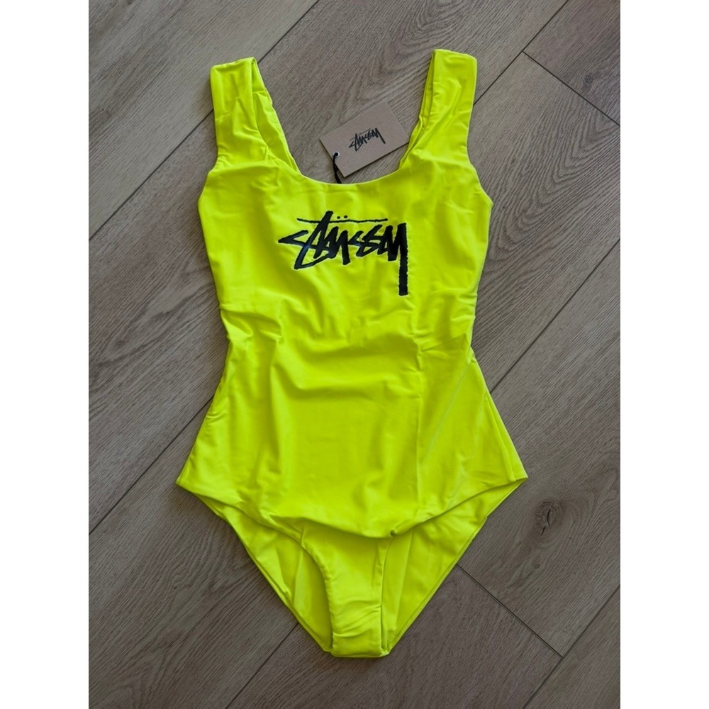 Stussy Stock One Piece Swim Suit Neon Yellow Logo 213070 Womens Small NWT